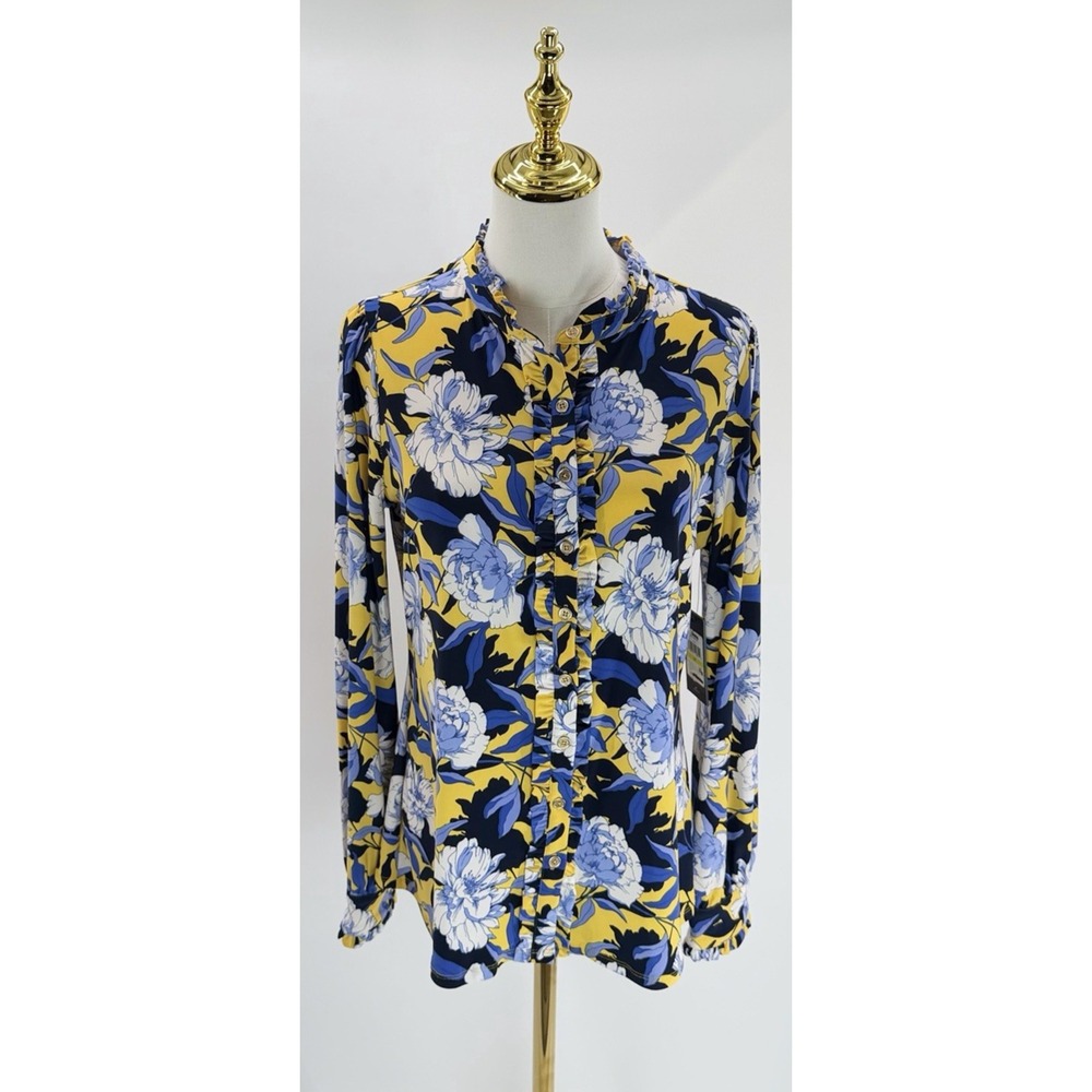 Tommy Hilfiger Women's Floral Print Ruffled Collar Blue Yellow Size Medium M